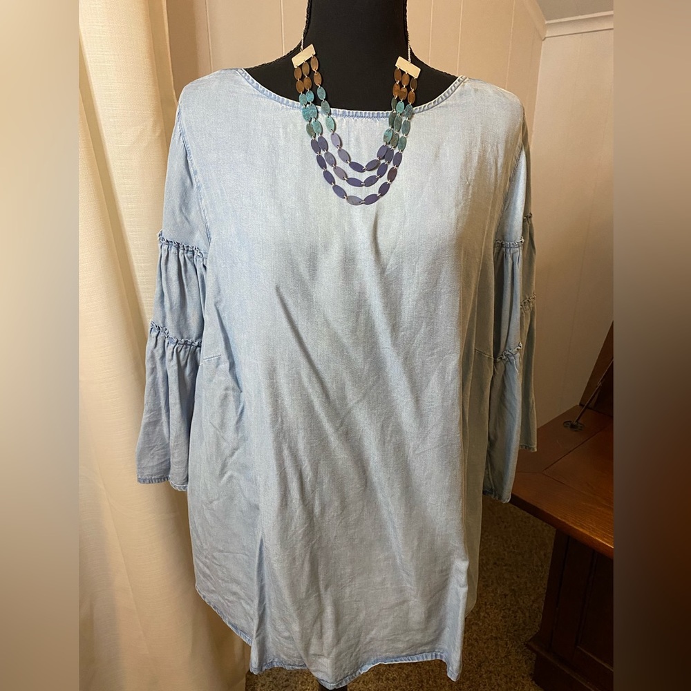 J. Jill Denim Blue Chambray Smocked Bell Sleeve Blouse